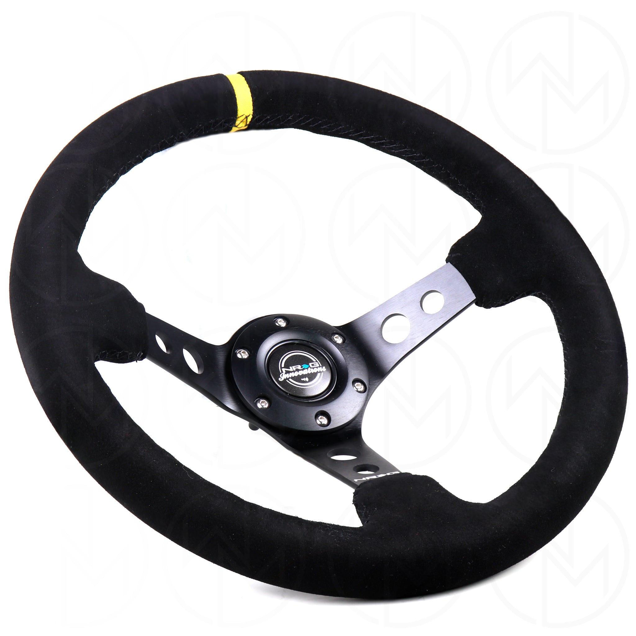 NRG Sports Steering Wheel - 350mm Suede w/Yellow Marker & Spoke Holes w/Black Stitch