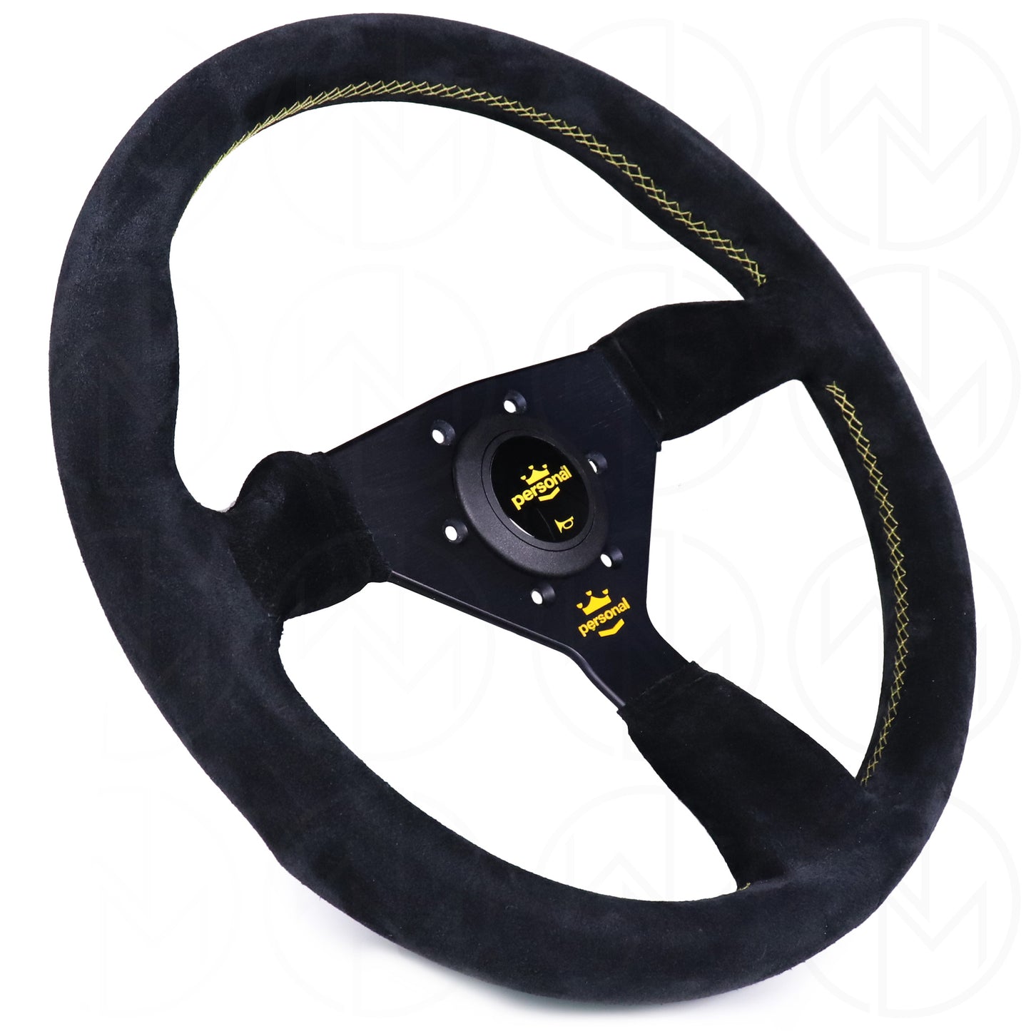 Personal Grinta Steering Wheel - 350mm Suede w/Yellow Stitch & Logo