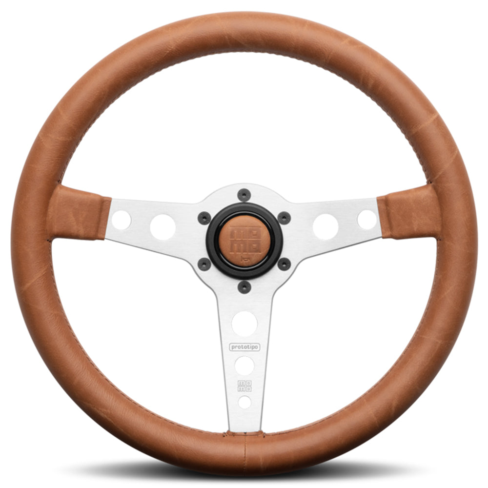 Momo Prototipo Heritage Steering Wheel - 350mm Tobacco Leather w/ Silver Spokes