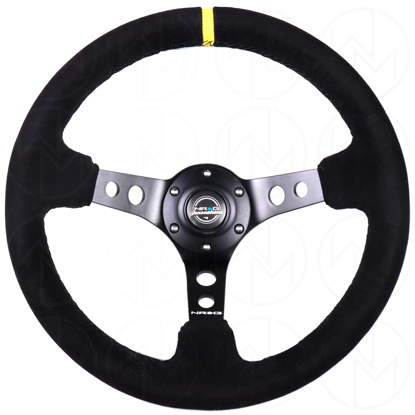 NRG Sports Steering Wheel - 350mm Suede w/Yellow Marker & Spoke Holes w/Black Stitch