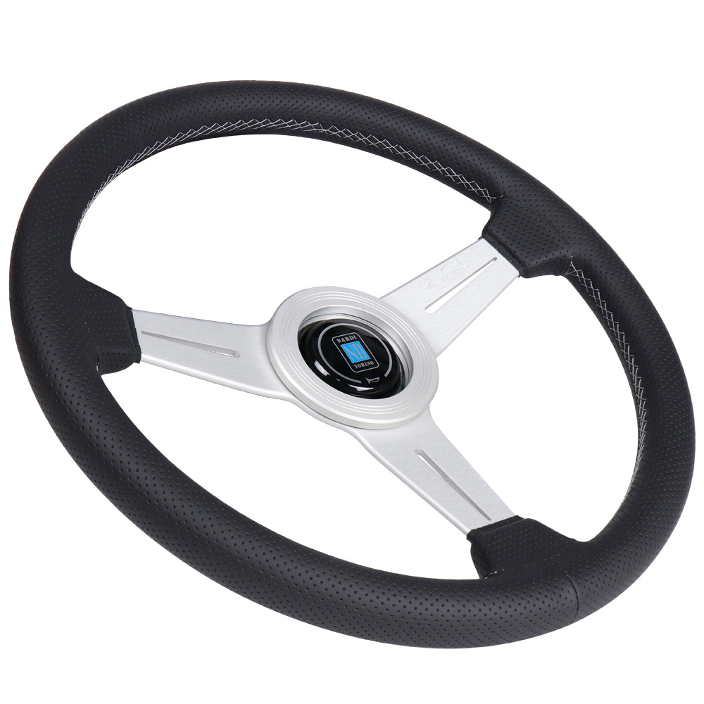 Nardi Classic Steering Wheel - 340mm Perforated Leather w/ Silver Spoke & Ring and Grey Stitch