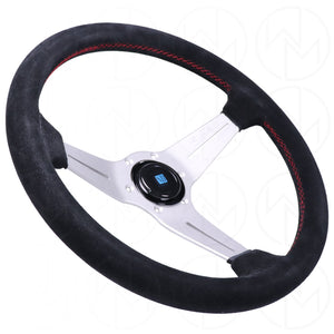 Nardi Sport Rally Deep Corn Steering Wheel - 350mm Suede w/Silver Spokes and Red Stitch