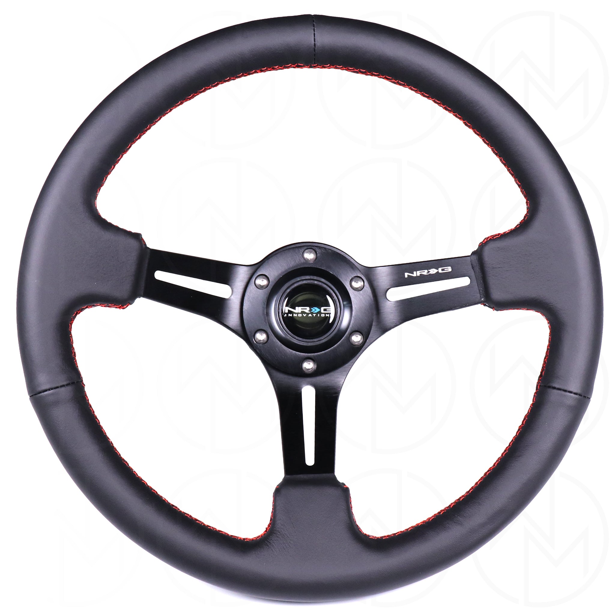 NRG Sports Steering Wheel - 350mm Leather w/Slotted Spokes & Red Stitch