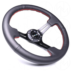 NRG Sports Steering Wheel - 350mm Leather w/Slotted Spokes & Red Stitch