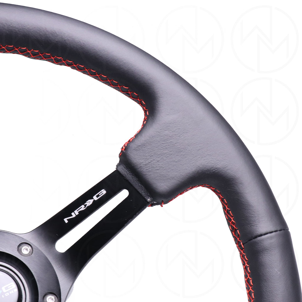 NRG Sports Steering Wheel - 350mm Leather w/Slotted Spokes & Red Stitch