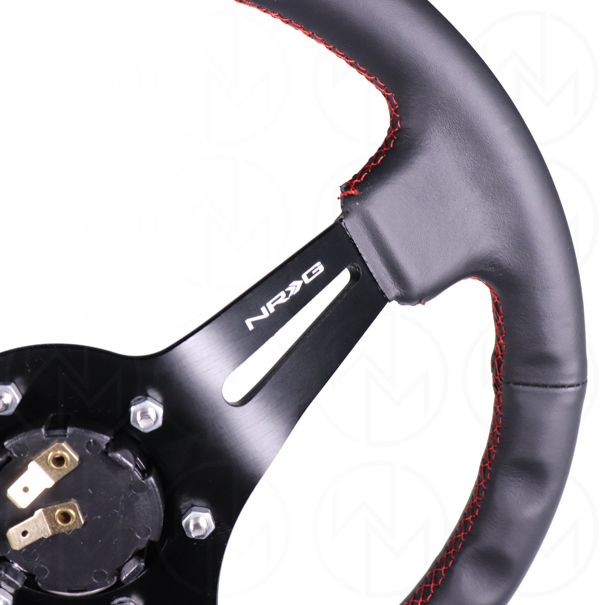 NRG Sports Steering Wheel - 350mm Leather w/Slotted Spokes & Red Stitch
