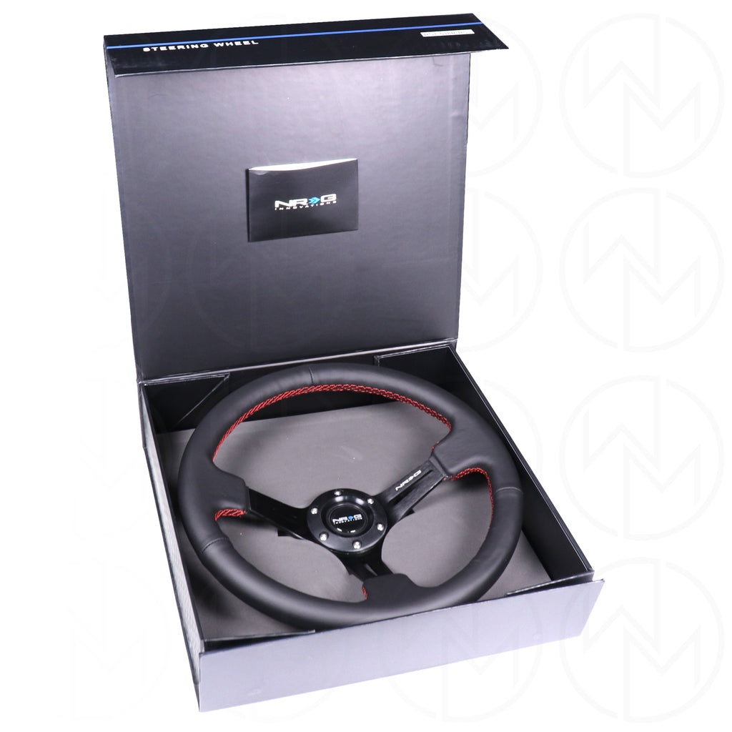 NRG Sports Steering Wheel - 350mm Leather w/Slotted Spokes & Red Stitch