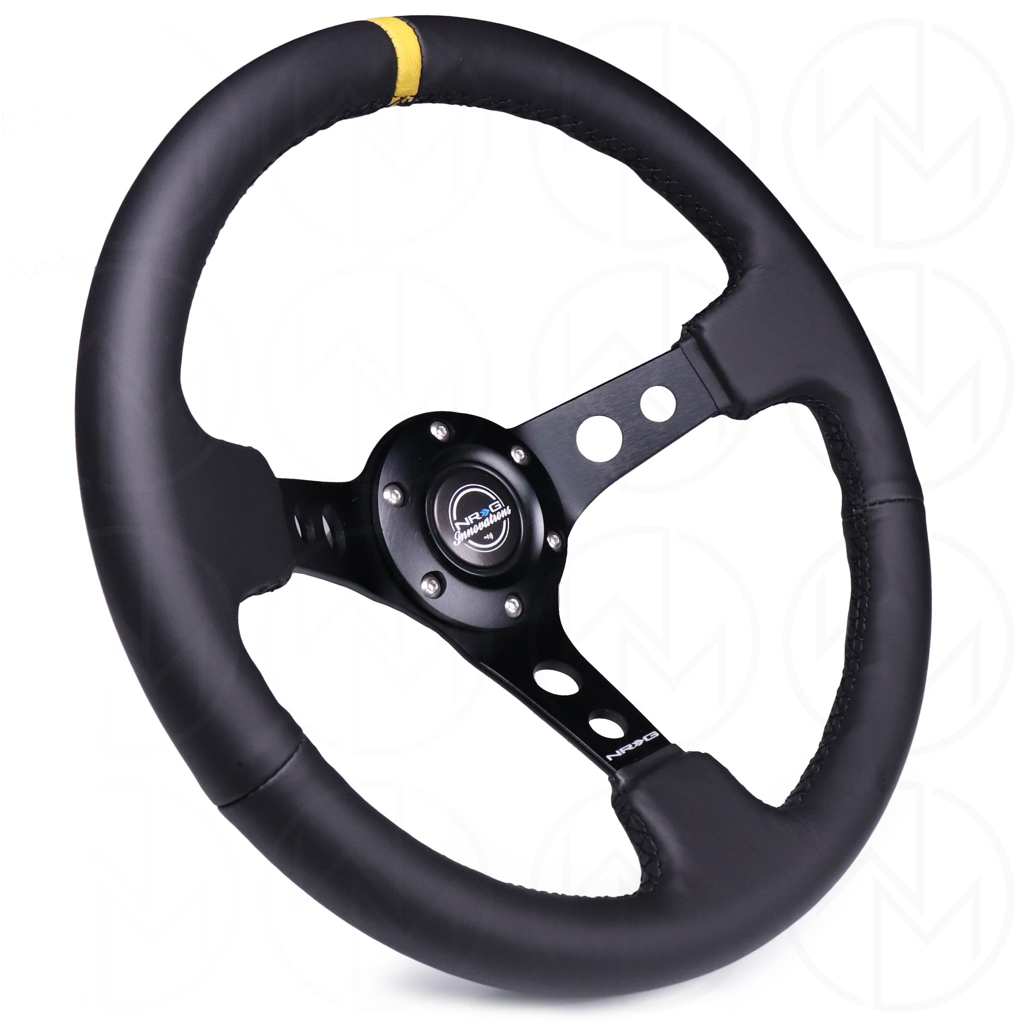 NRG Sports Steering Wheel - 350mm Leather w/Yellow Marker & Spoke Holes w/Black Stitch
