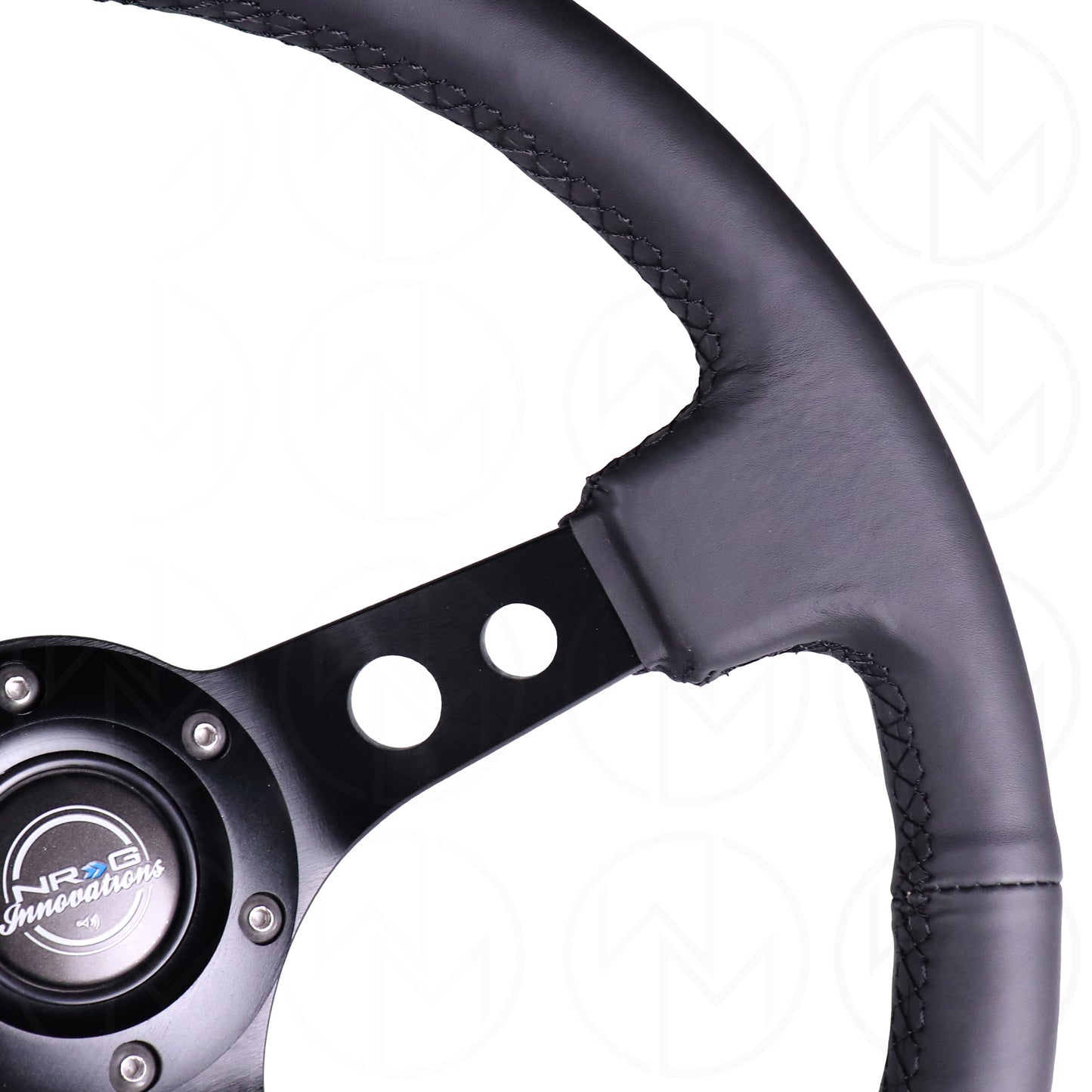 NRG Sports Steering Wheel - 350mm Leather w/Yellow Marker & Spoke Holes w/Black Stitch