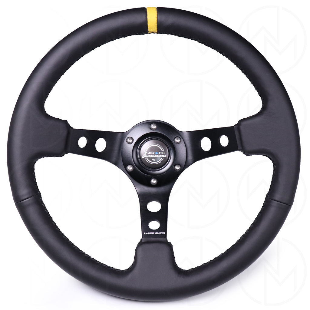 NRG Sports Steering Wheel - 350mm Leather w/Yellow Marker & Spoke Holes w/Black Stitch