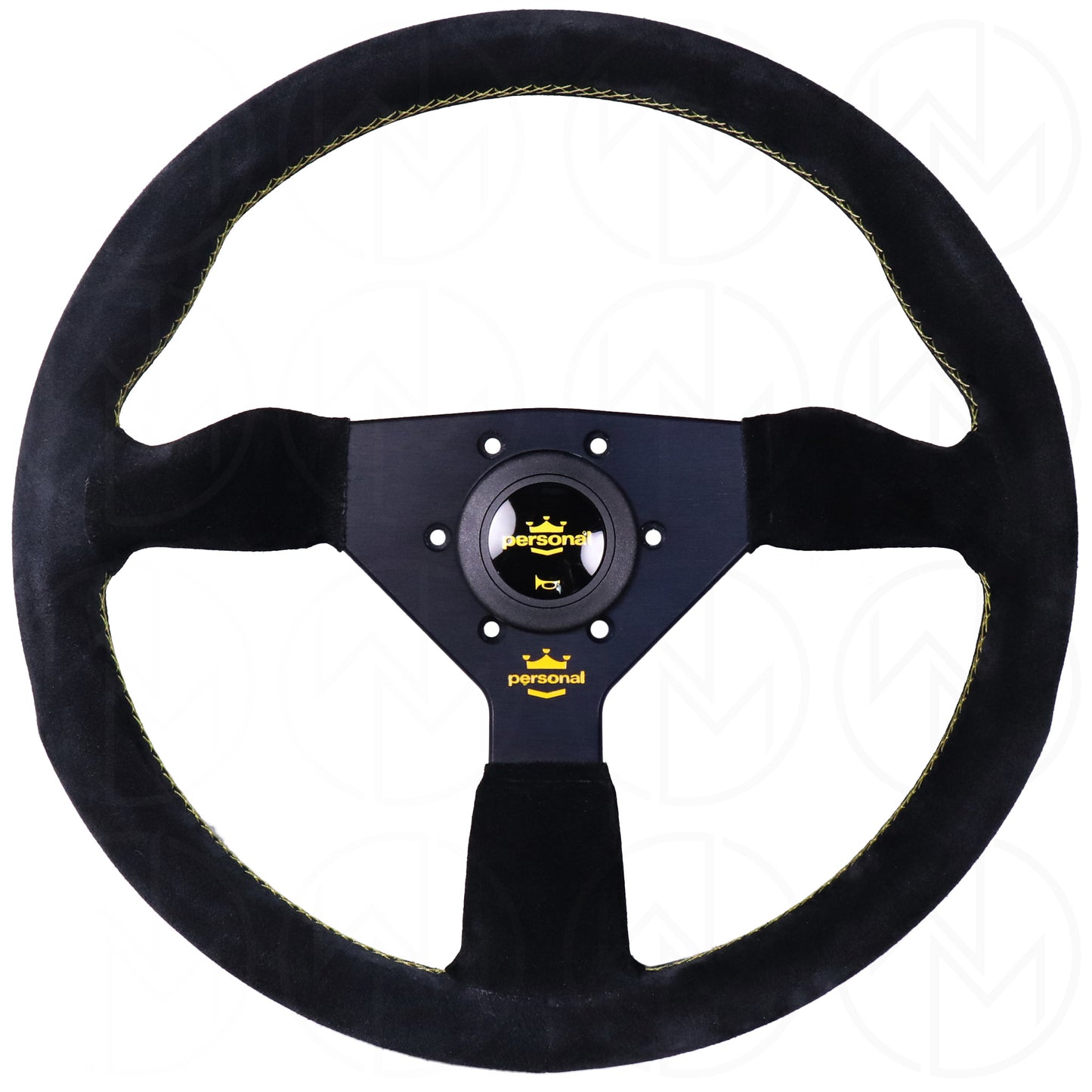 Personal Grinta Steering Wheel - 350mm Suede w/Yellow Stitch & Logo